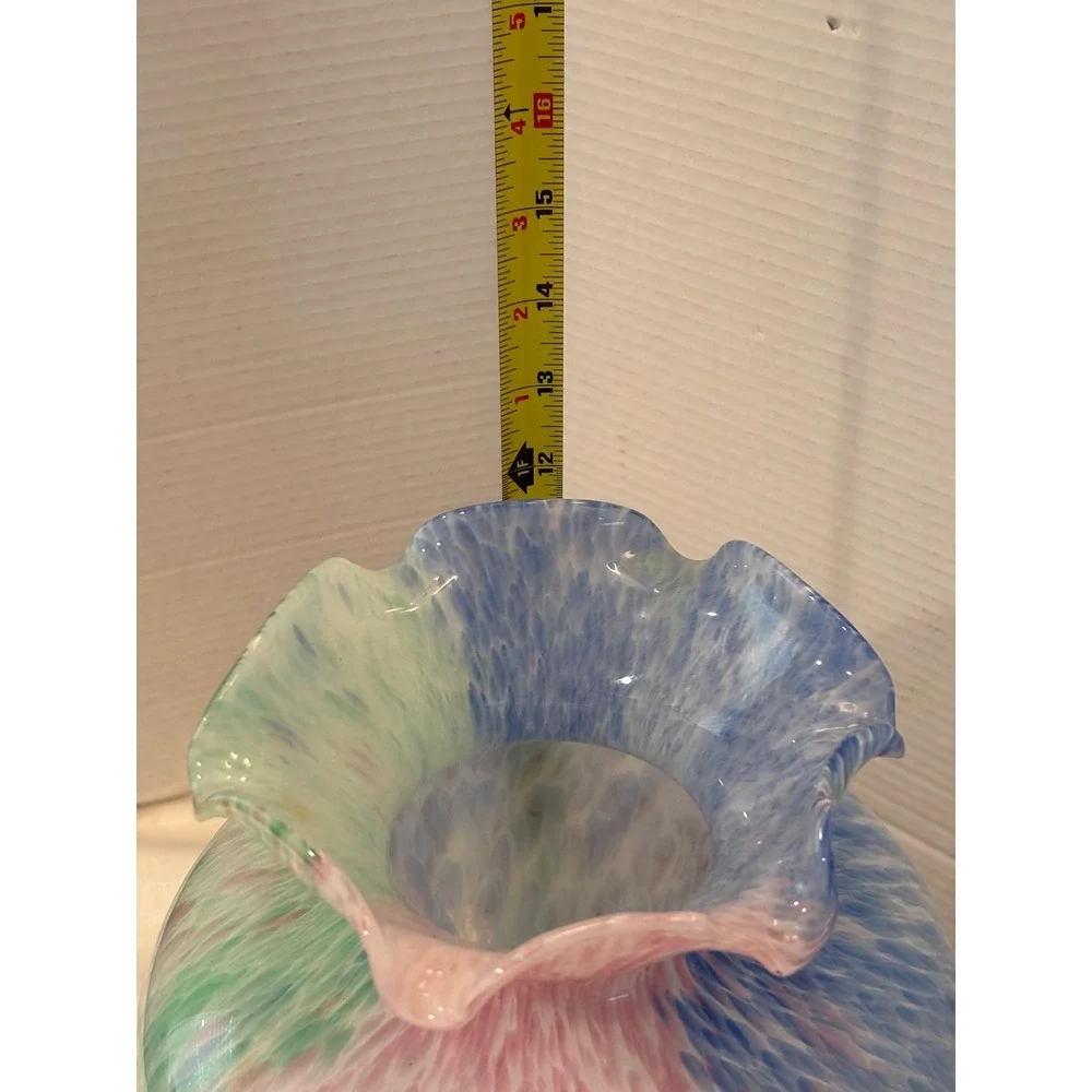 Arte Murano Glass Vase Ruffled Rim Confetti Blue Pink Green  11.75